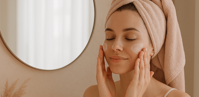 Mujer joven aplicando crema hidratante en su rutina de cuidado facial en casa, rodeada de luz natural, velas y productos de skincare, simbolizando bienestar y autocuidado diario